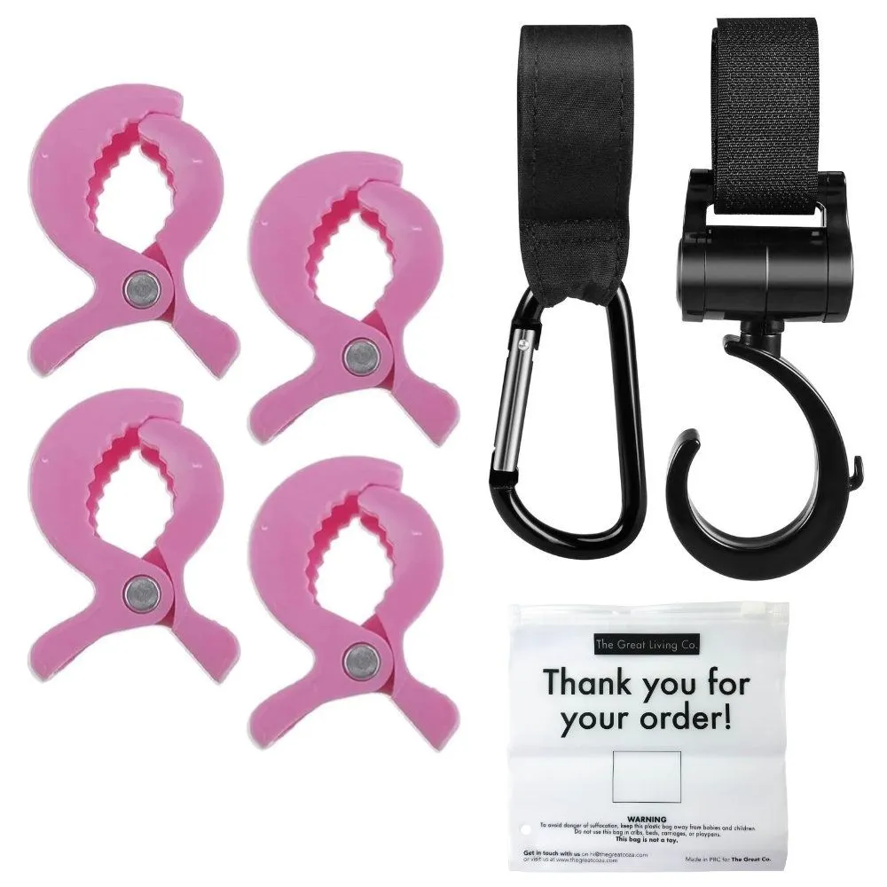 Durable Stroller Clips & Hooks Set with Reusable Zipper Bag 7-Piece - Pink Black