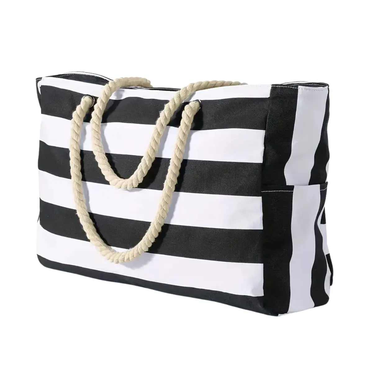 Large Capacity Striped Beach Bag - Black