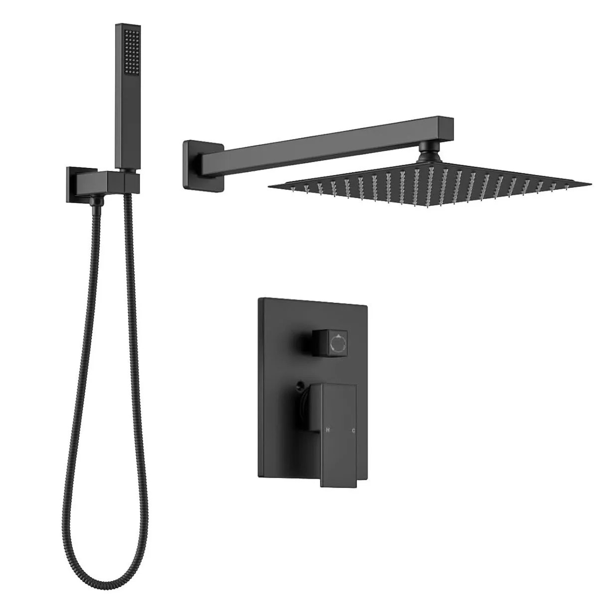 20cm Square Shower Sets With Handel Shower - Recessed Shower System - Black