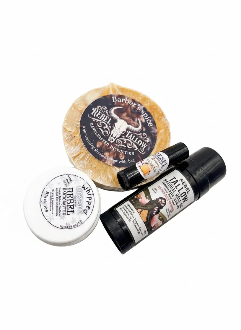 Rebel Handmade Men's Grooming Combo: Shaving Bar, Cream, Roll-On & Lip Balm
