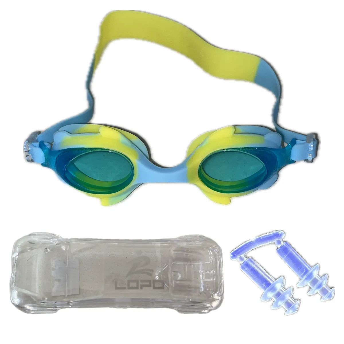 LOPO Swimming Goggles with Ear Plug for Kids and Teenagers - Adjustable Straps - Light Blue-Yellow