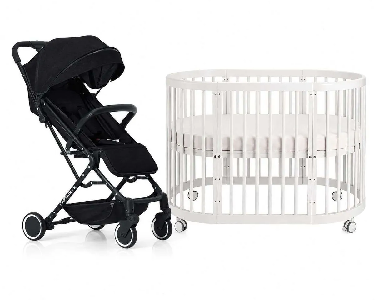 Captain-K-5 in 1 Convertible Wooden Baby Cot with Wheels & Travel Stroller