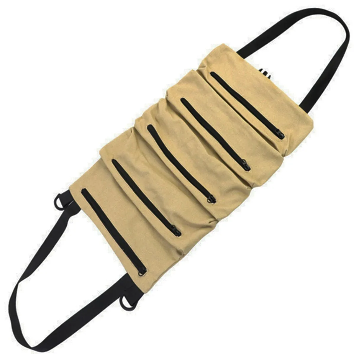 Heavy Duty Canvas Tool Roll with 5 Zippered Pockets Compact Car Storage - Khaki