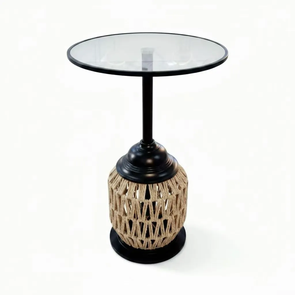 Bohemian Handwoven Rope Base Round Glass Side coffee Table for Living Room