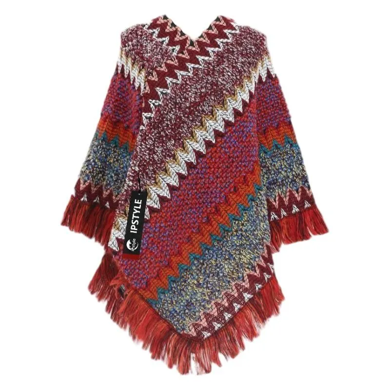IPSTYLE Women Knitted Cardigan Cape Poncho Wrap Retro Tassel Shawl Stole