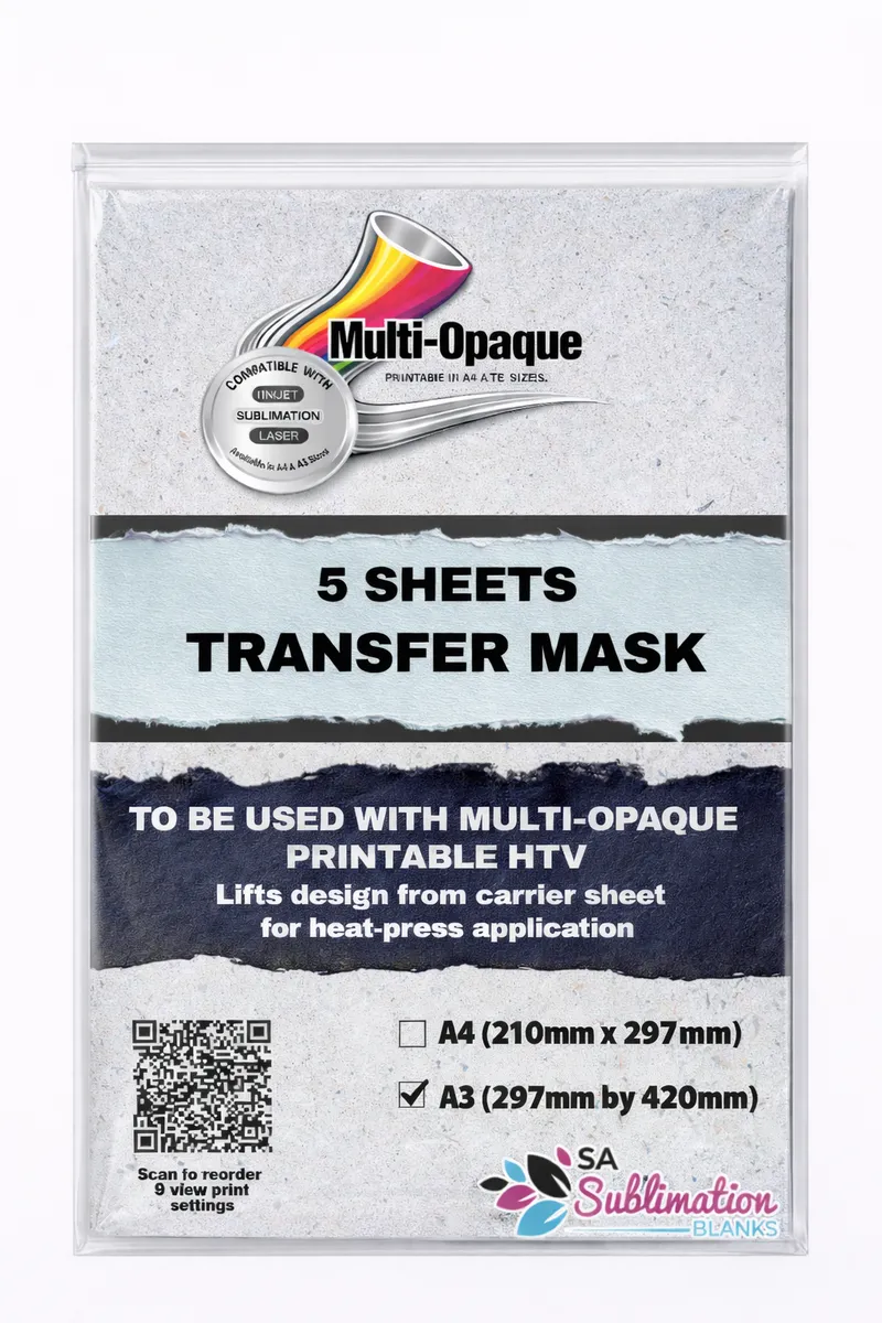 Printable HTV : Multi-Opaque Matte White Printable HTV - Transparent A3 Pack of 5  Mask (This is th…