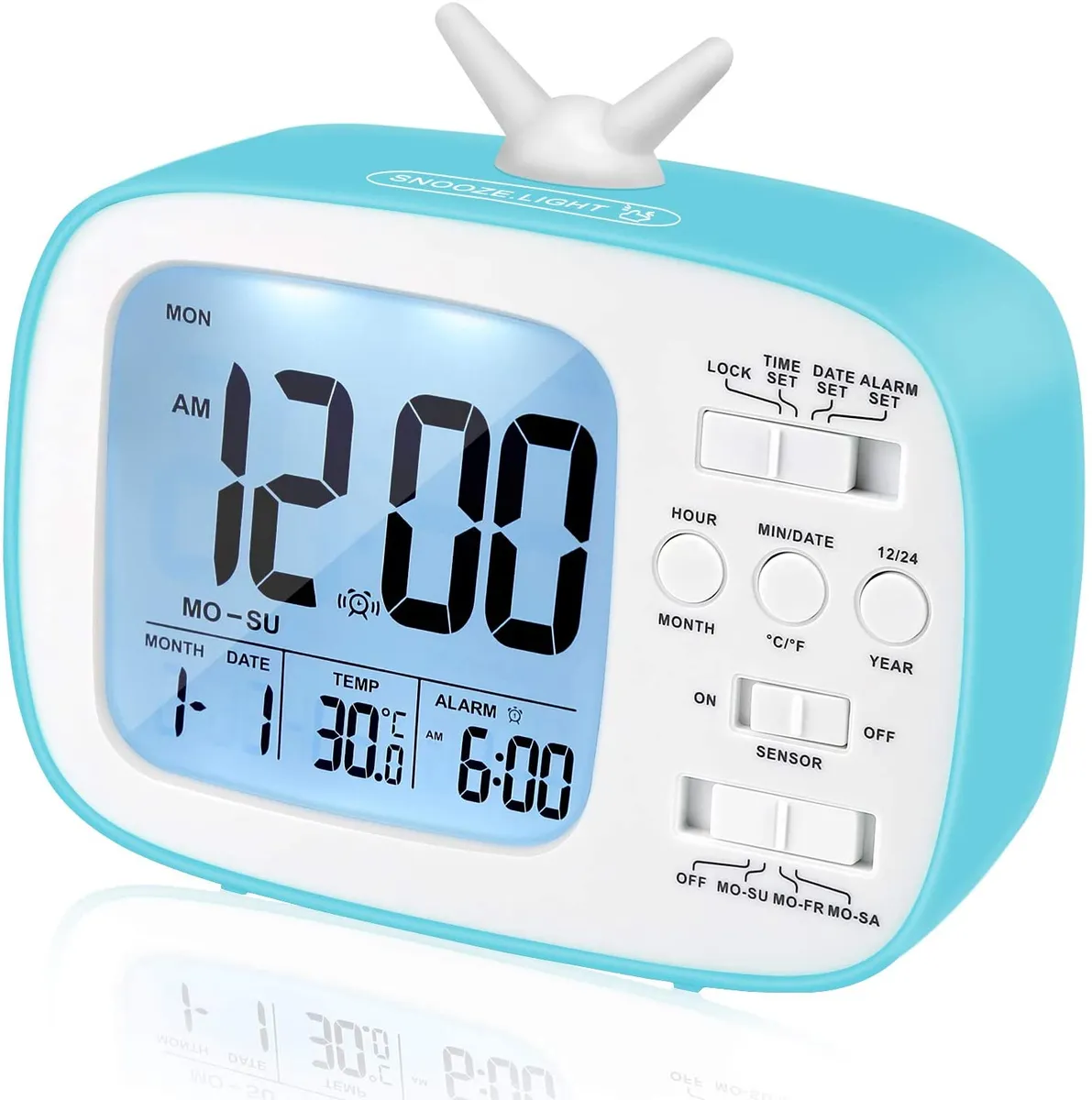 Classy TV Shape Digital Alarm Clock / Temperature & Calendar - Blue