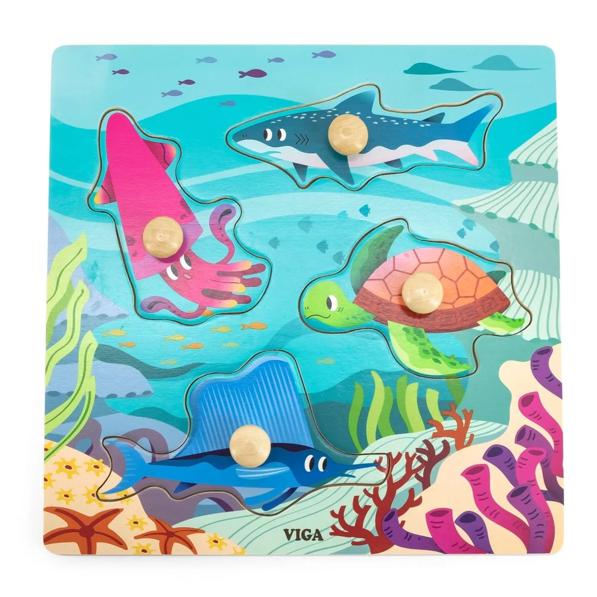 Viga Wooden Knob Puzzle - Sea Animals - 4 Piece