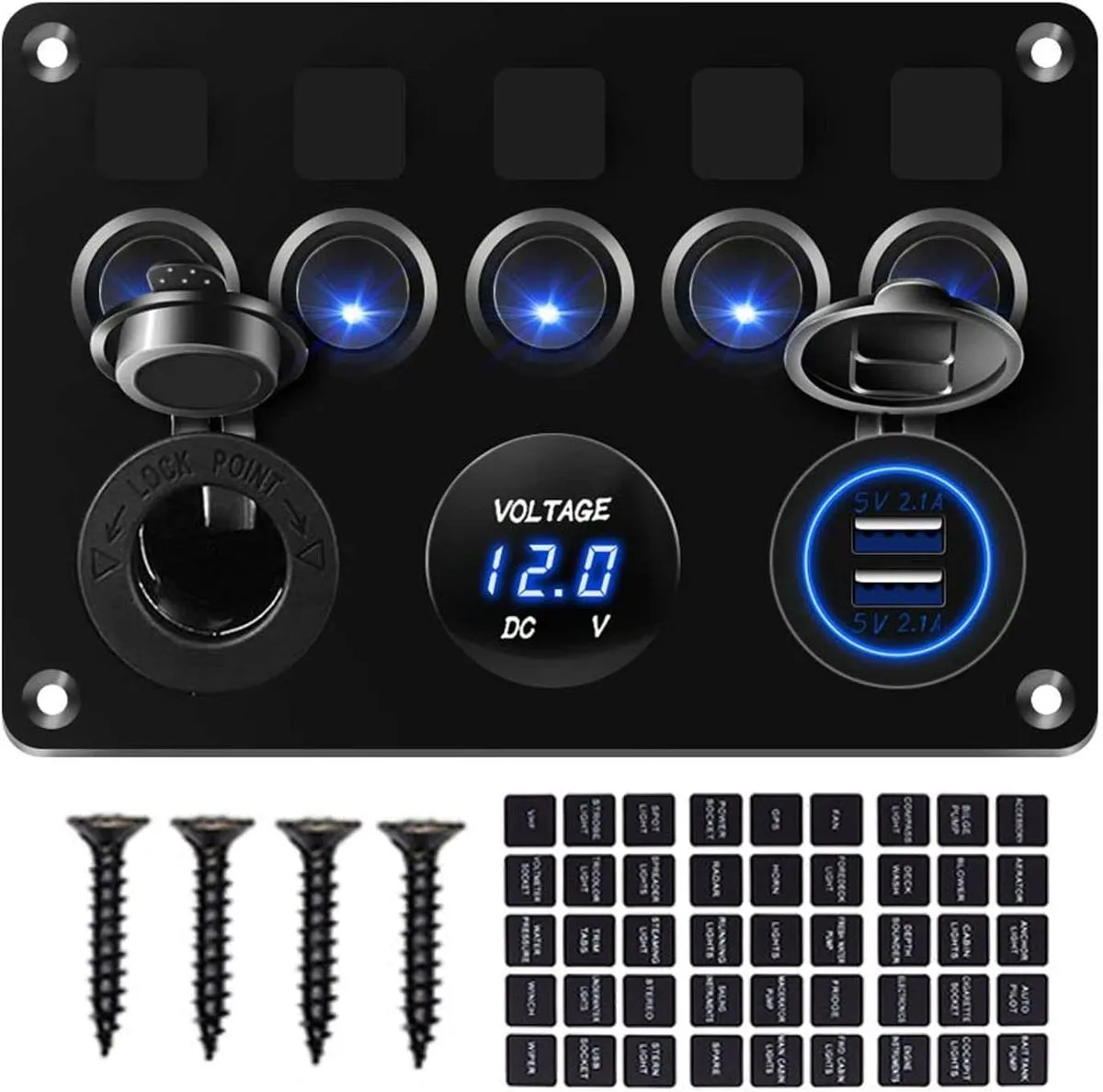 5 Gang Rocker Switch, Dual USB, Volt Meter & Cig Socket Fuse Panel Blue