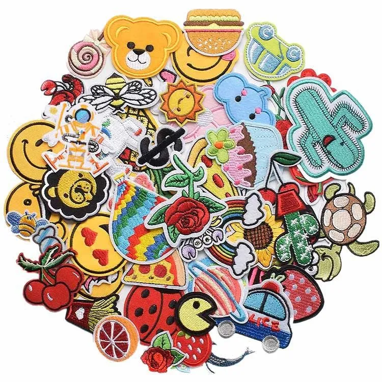 60pcs Assorted Embroidered Iron-On Patches-Cute Smiley, Car, Flower & Food