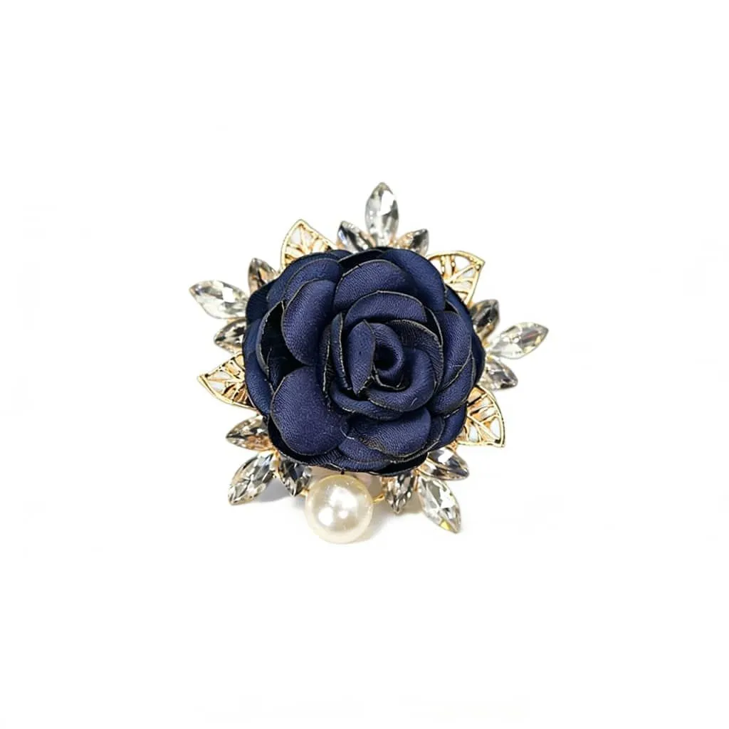 Women's Coat Dress Rhinestone and Pearl Fabric Rose Flower Brooch Pins - Blue