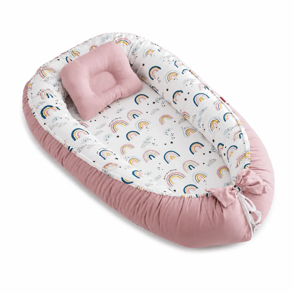 Pink Baby Nest Bed with Rainbow Pattern and Matching Pillow Newborn Lounger
