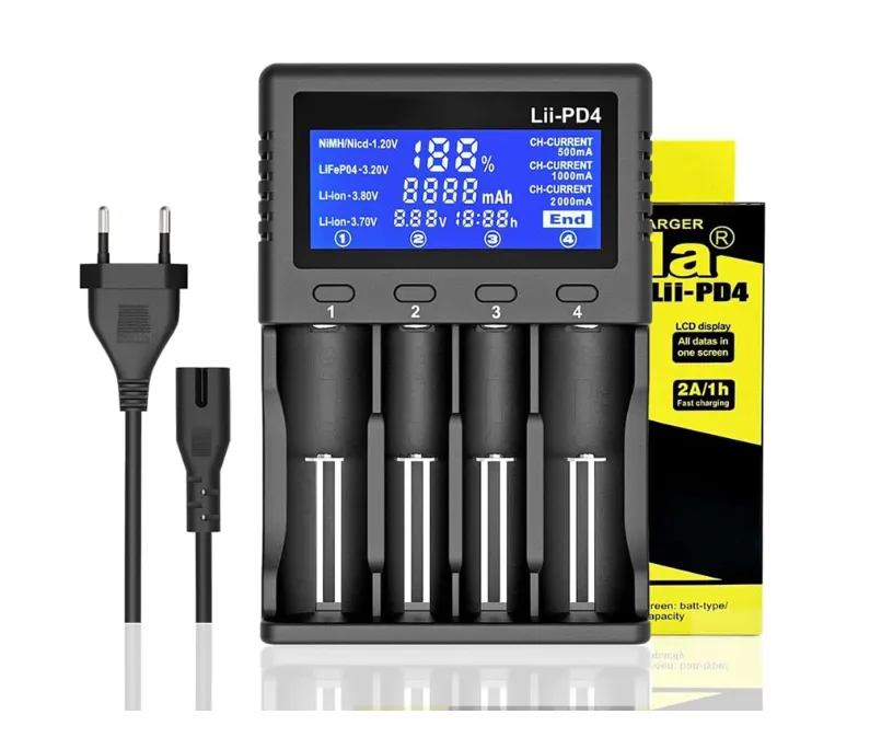 Smart charger, 4 slots, for 18650 batteries, LCD, multiple safety features