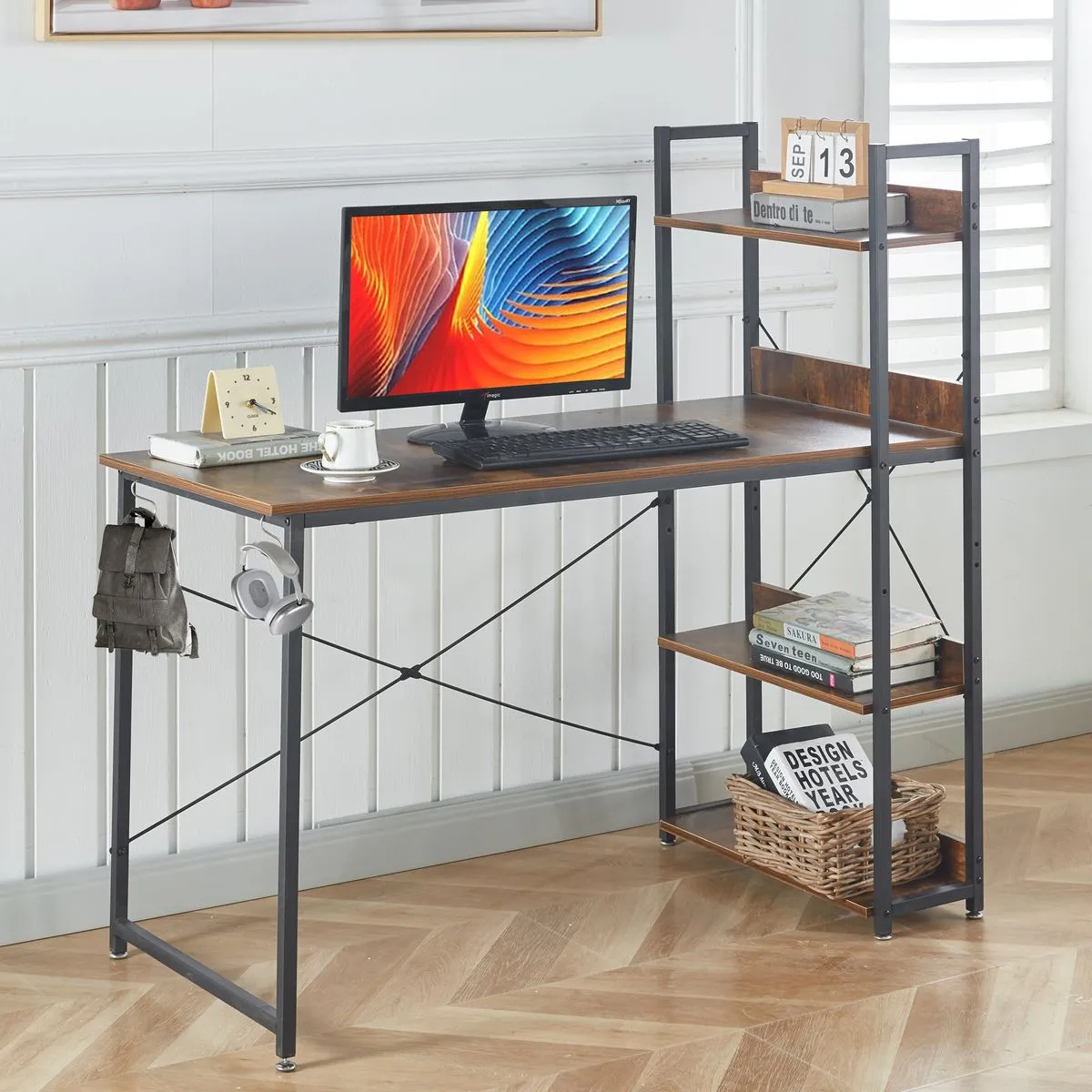Computer Desk Study Writing Table with Storage Shelves Office Workstation - BURNING WOOD