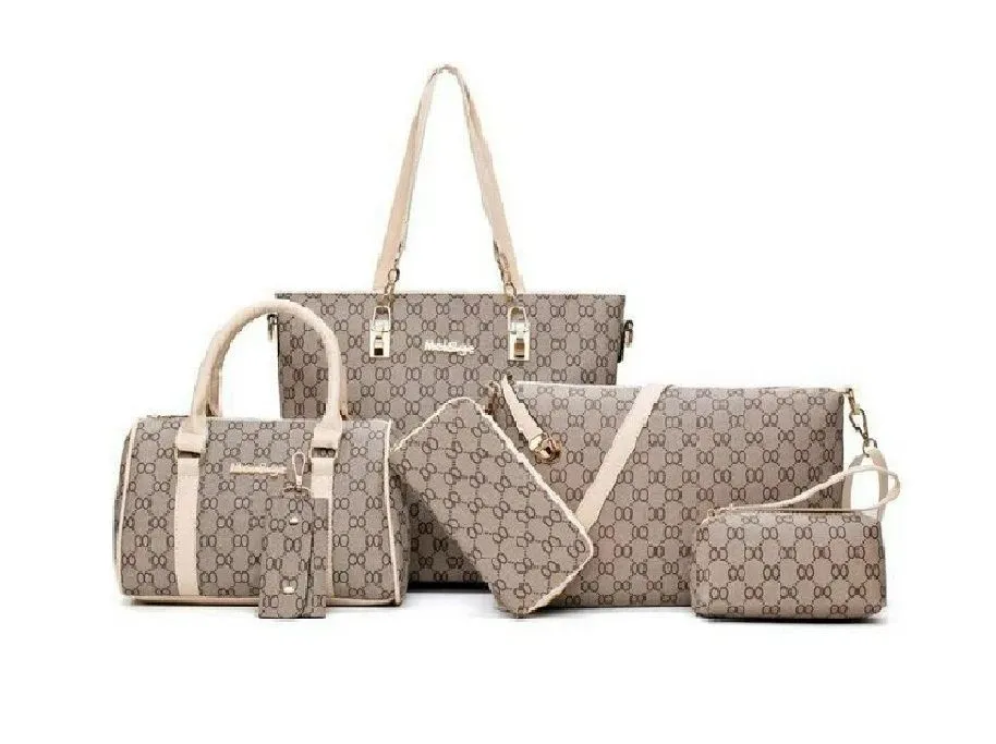 Boss Retro Luxury Elegant Versatile Crossbody /Clutch Handbags Set - 6Piece - Creamy Grey