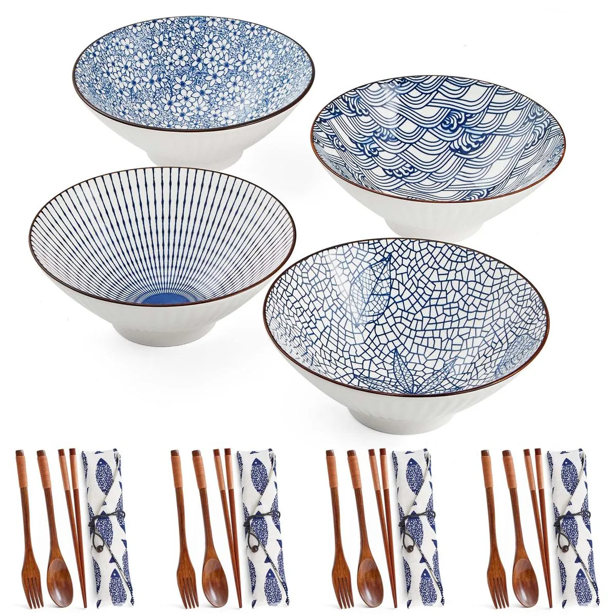 Chenshia 16pc Japanese Ramen Set 800ml Ceramic Pho Bowls & Wood Cutlery Kit - Brown