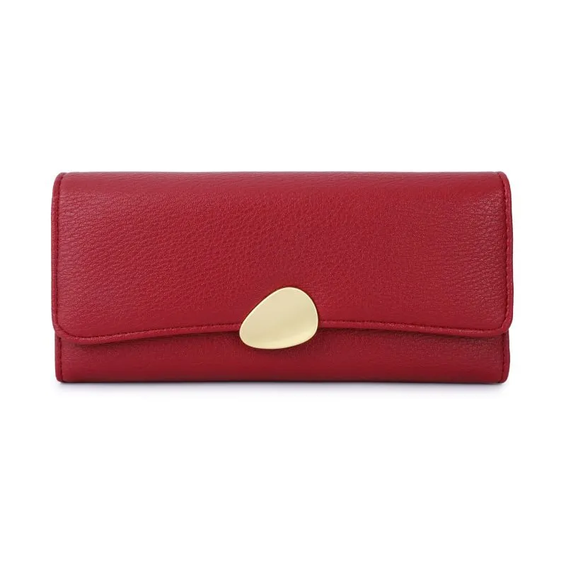 Red Textured Wallet - Gold Teardrop-Clasp & 9 Card Slots 19.1cm PU Leather