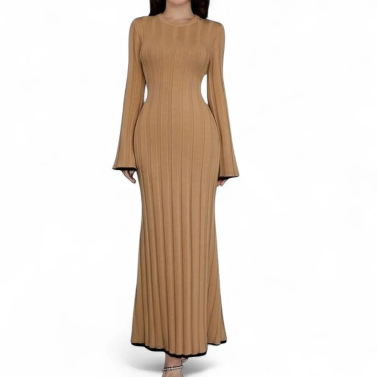 Elegant Long Sleeve Knitted Woolen Bodycon Dress Brown