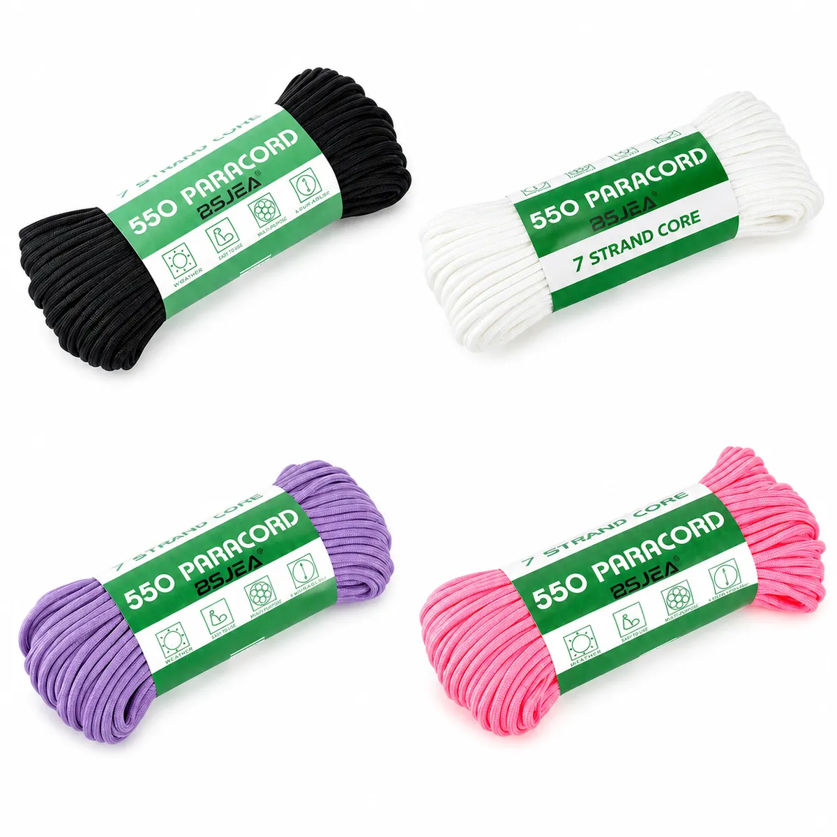 4-Pack 550 Paracord Rope 4mm x 16m - 7 Core Outdoor Cord - Black, White