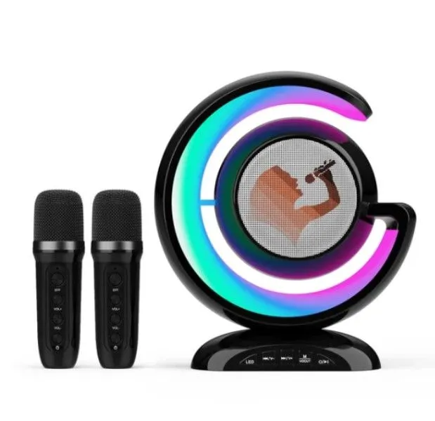 Wireless Double Mic Karaoke Speaker Moon-DesignTF/USB/BT - Black/White/Pink - Black