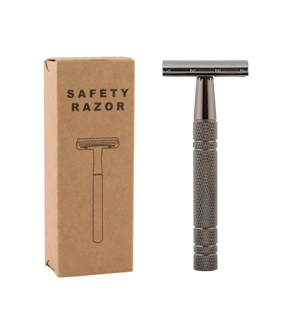 Double Edge Shaving Razor - Premium Safety Razor - 5 Blades Included - Grey