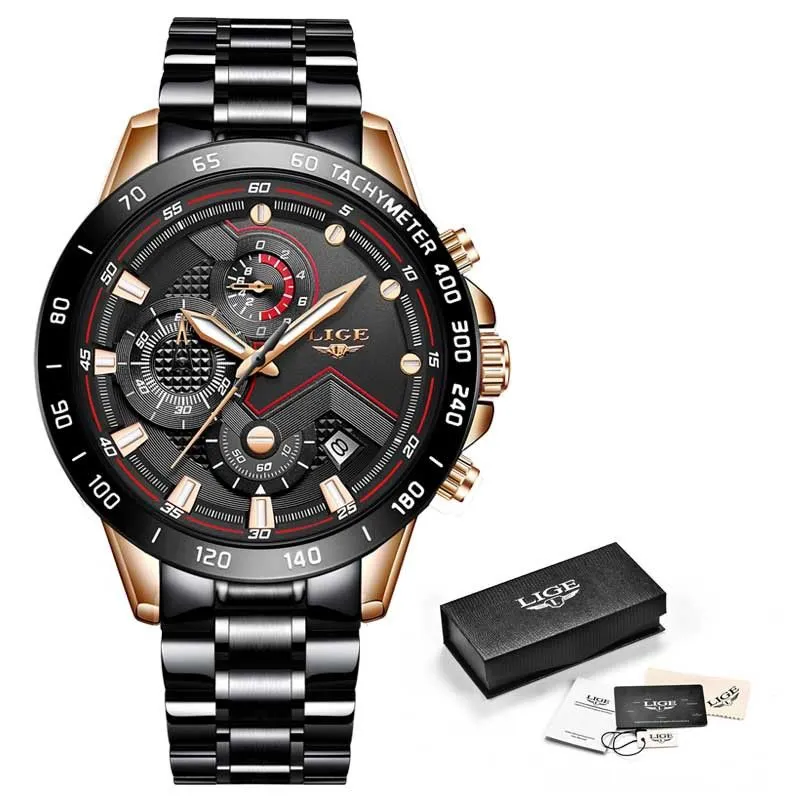 Lige 9982 Luminous Mens Watches Waterproof Lige Brand Watch - Black/Black
