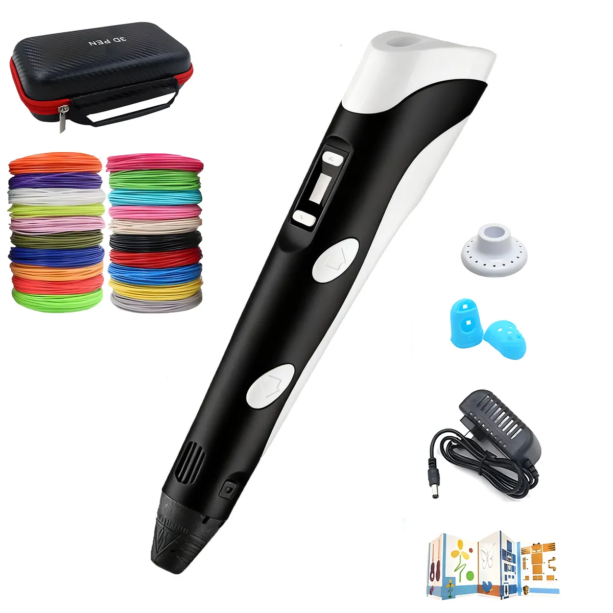 3D Printing Pen Kit with 100M Filament - 20 Colors x 5M PLA & Display- Gift - Black