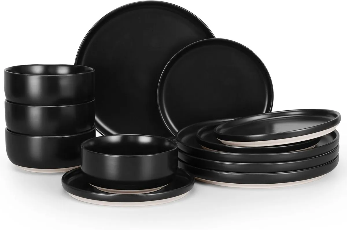 12-Piece Plates and Bowls Dinnerware, Speckled White/Matte Black - Matte Black