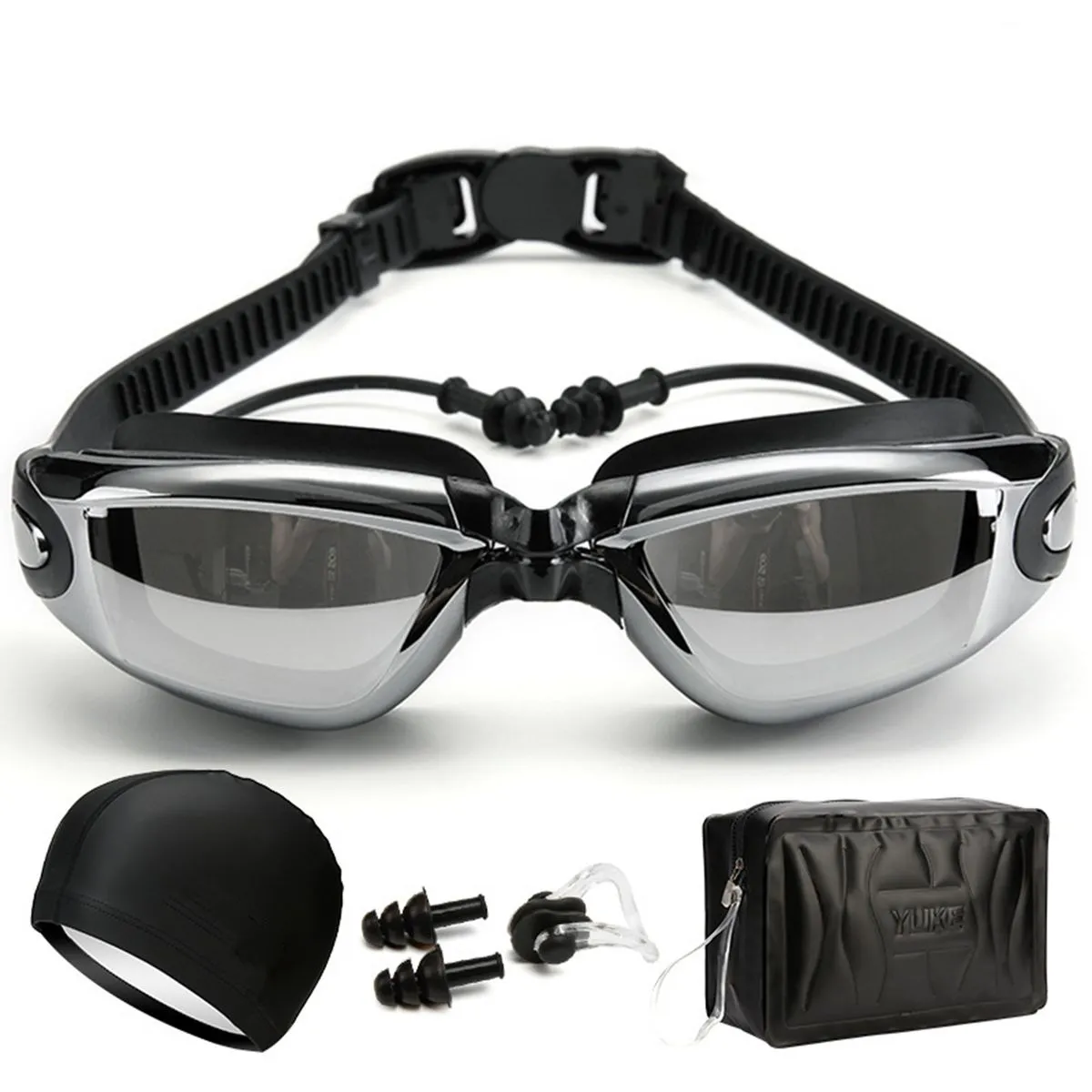 Swim Goggles Set Anti Fog Adjustable Lenses with Cap, Earplug and Nose Clip - Black