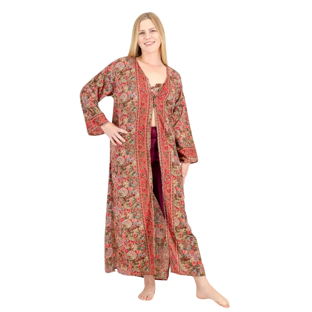 SKA Thai V-Neck Open Kimono Kurta Dresses - RED & GOLD