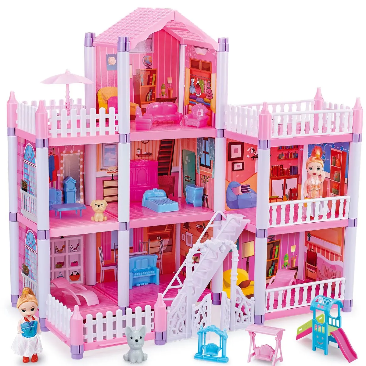 Doll House - 143 PCS Large Dollhouse with Full-Plastic, 7 Rooms Playhouse