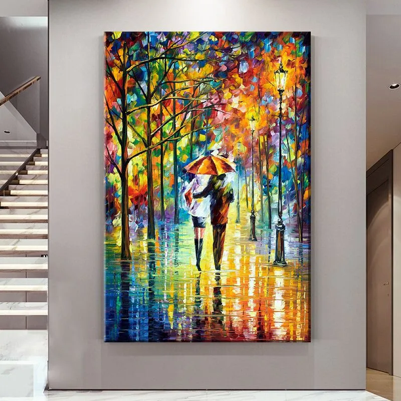 Love Under Umbrella Pallette Knife Painting Canvas Print Wall Art Décor