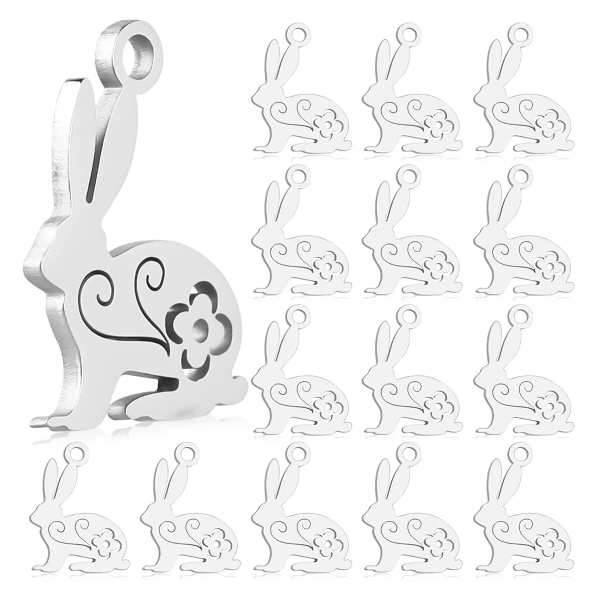 20 Pcs Stainless Steel Rabbit Charms Easter Bunny Pendants Silver