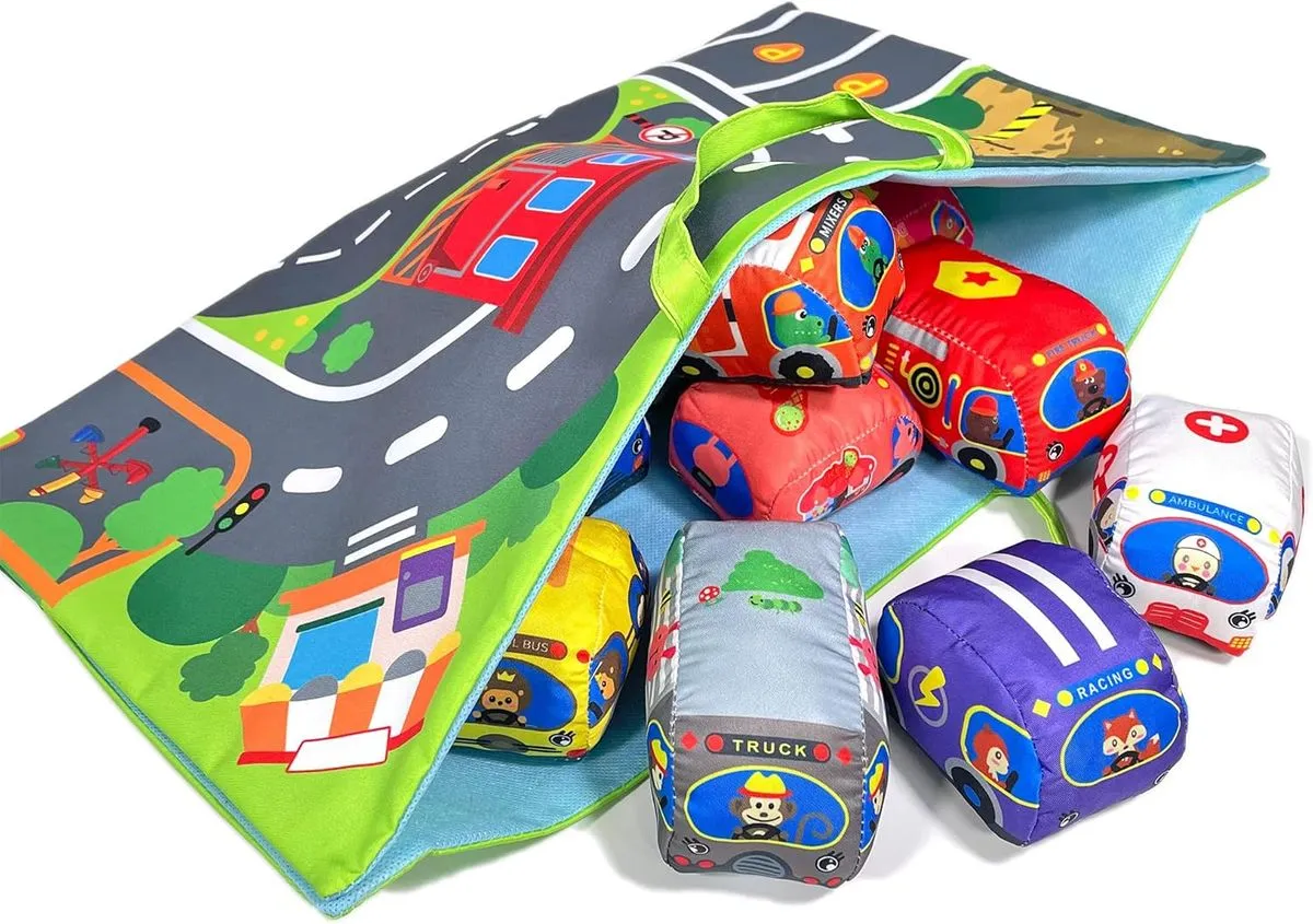 Soft Toy Car Set for Toddlers Aged 1-3 Years with Activity Mat and 9 Cars