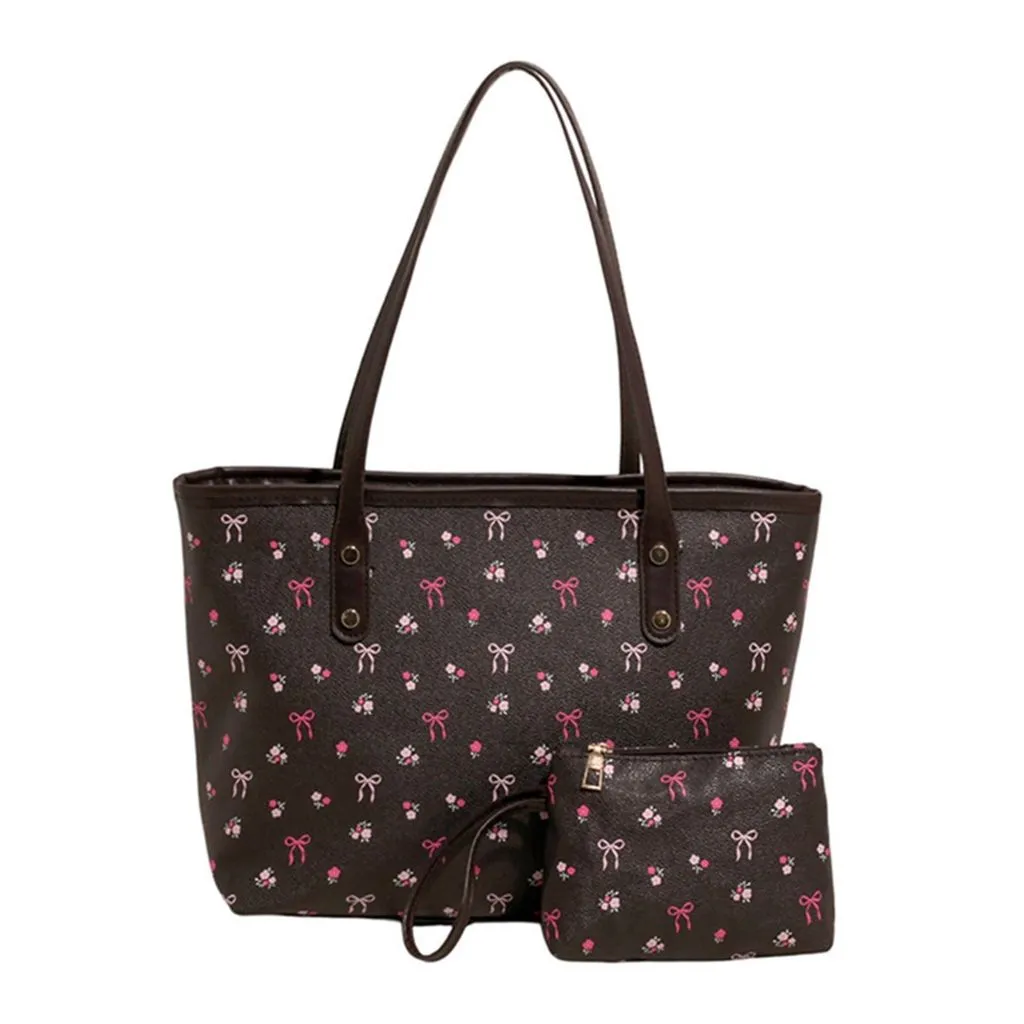 Brown Bow-Textured Large Tote Bag Set