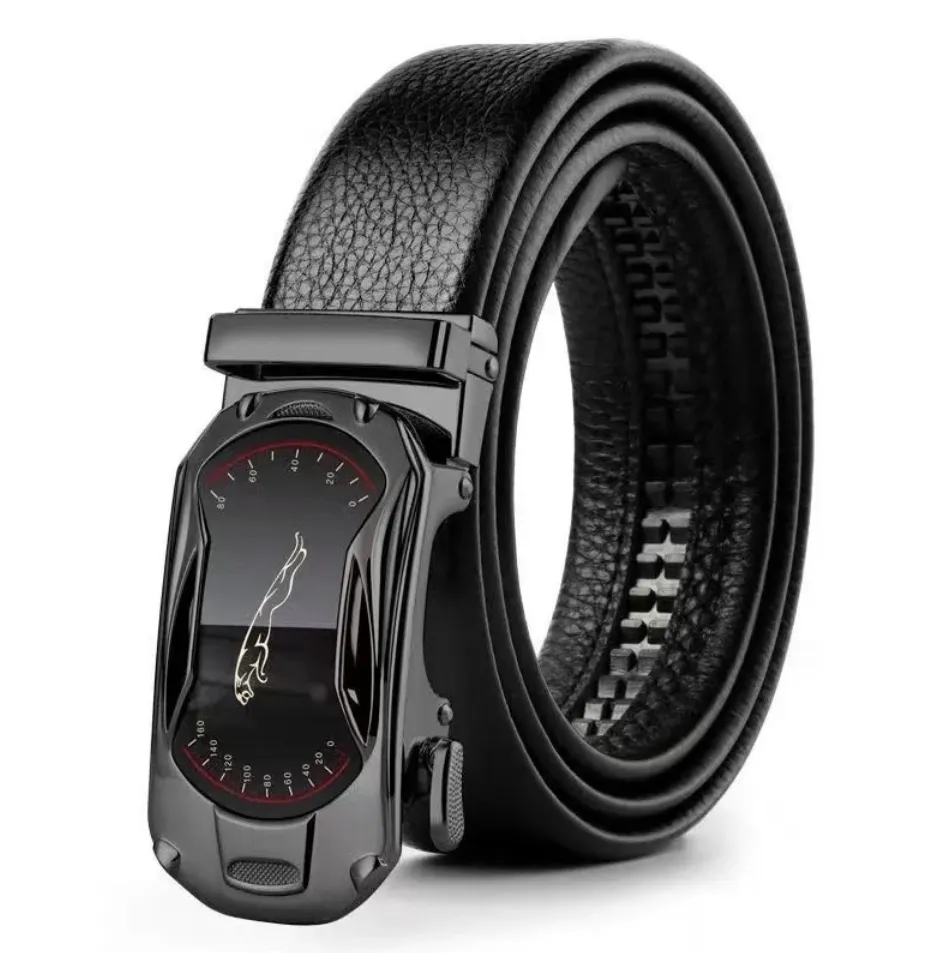 Leather Belt Men's Black Suits Ratchet Belt Metal Buckle Belt - Black