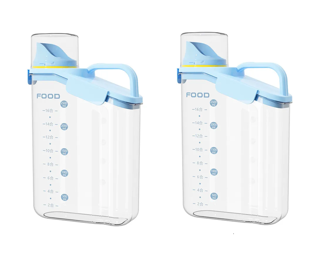 2Pack-2500ml Transparent Plastic Grain Storage Container with Measuring Cup - Blue, Transparent