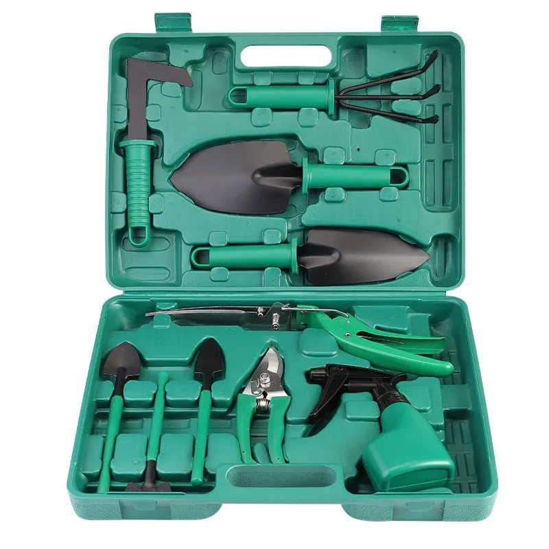 Heavy-Duty Hand 10-Piece Garden Tools Kit With Sturdy Green Carrying Case