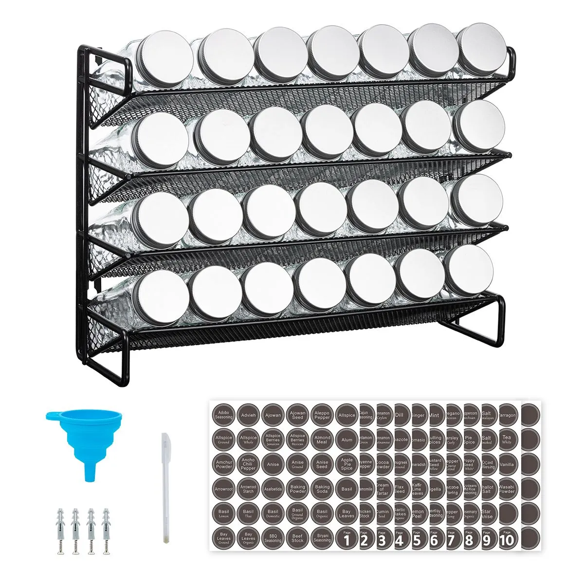 Kitchen 4-Tier Spice Rack Set with 28 Glass Jars and Labels