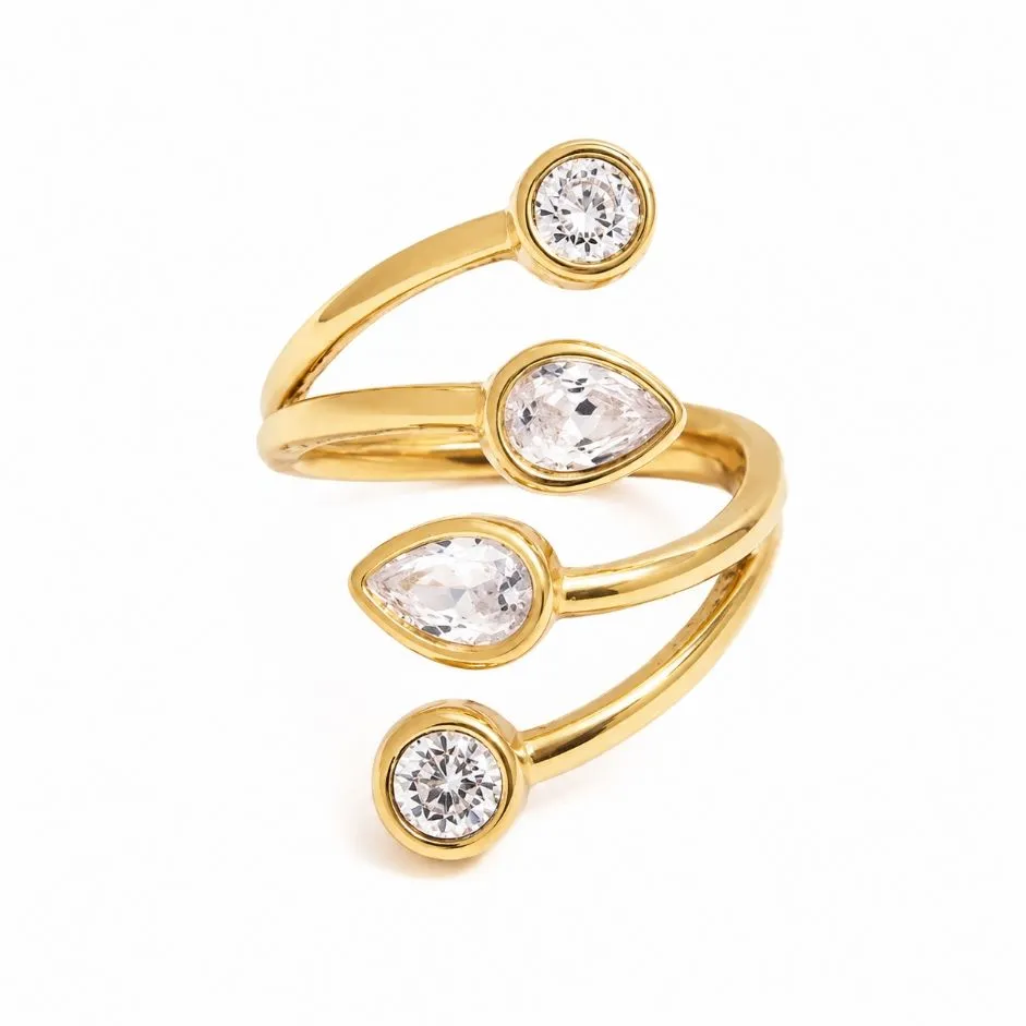 Teardrop Zirconia 1Gold-Plated Adjustable Stainless Steel Statement Ring