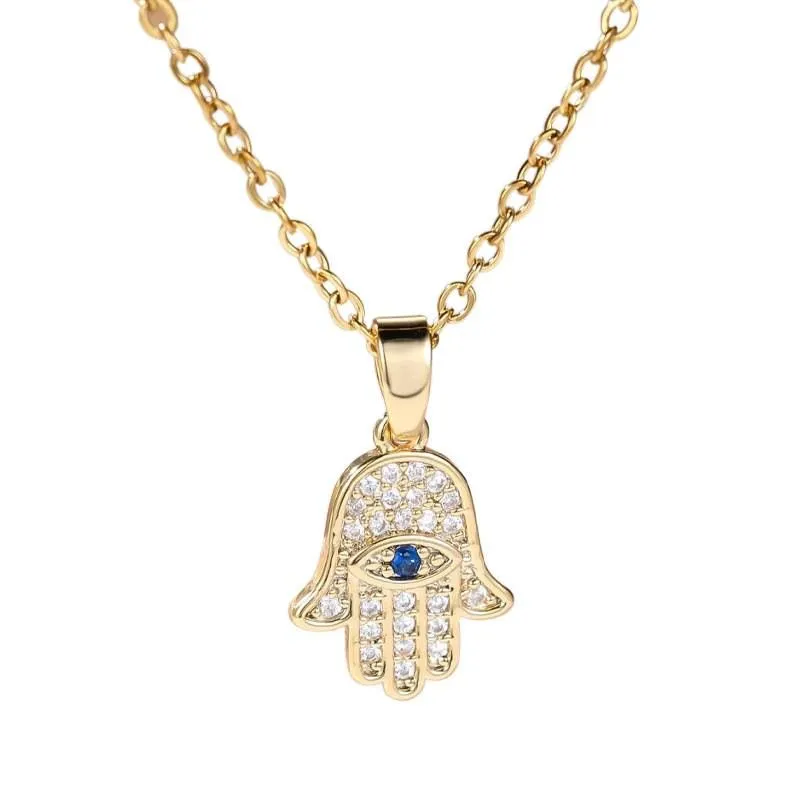 Gold Hamsa Hand Pendant Necklace Crystal-Paved Evil Eye Protection Amulet