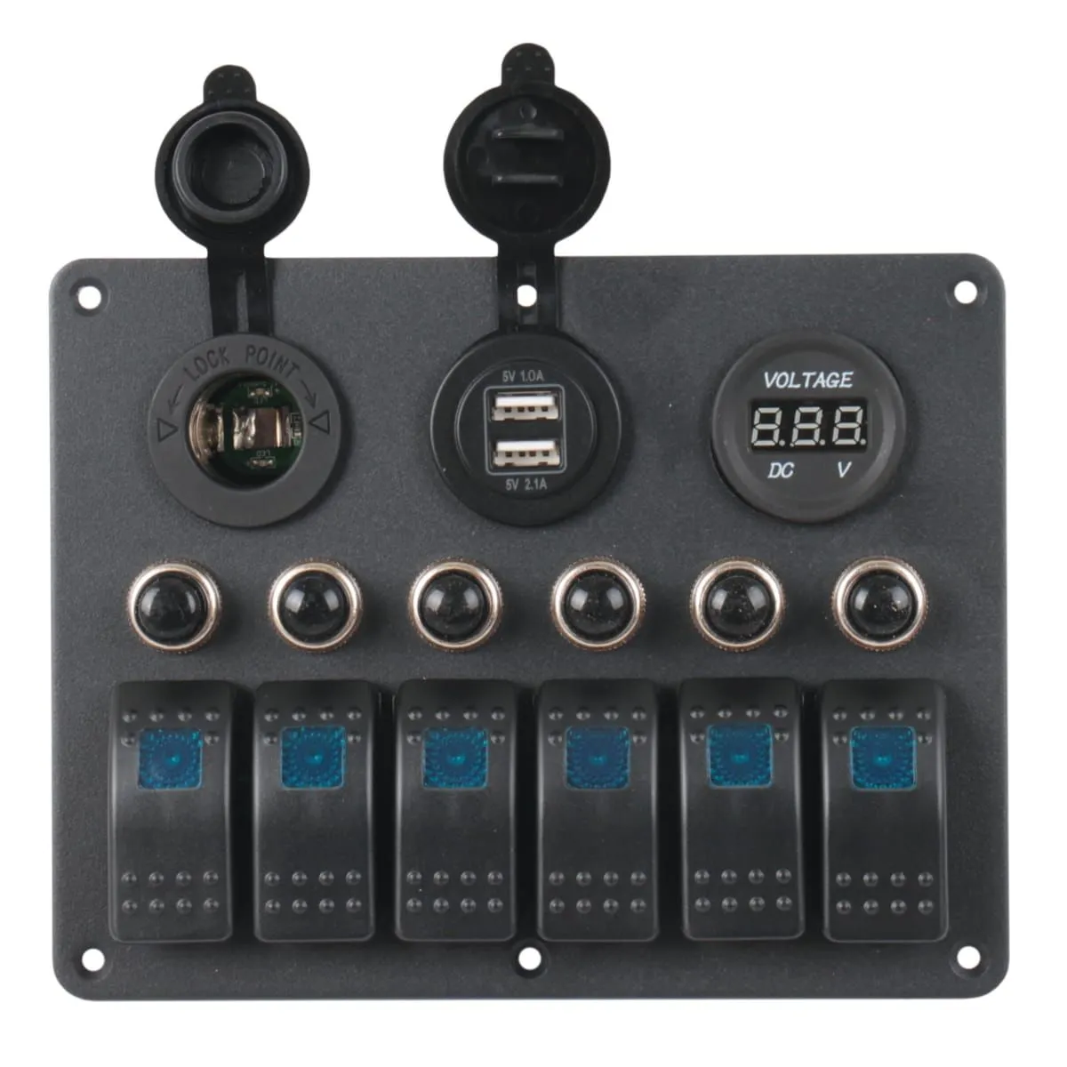 6-Gang Marine Switch Panel with USB, Voltmeter, and 12V Output