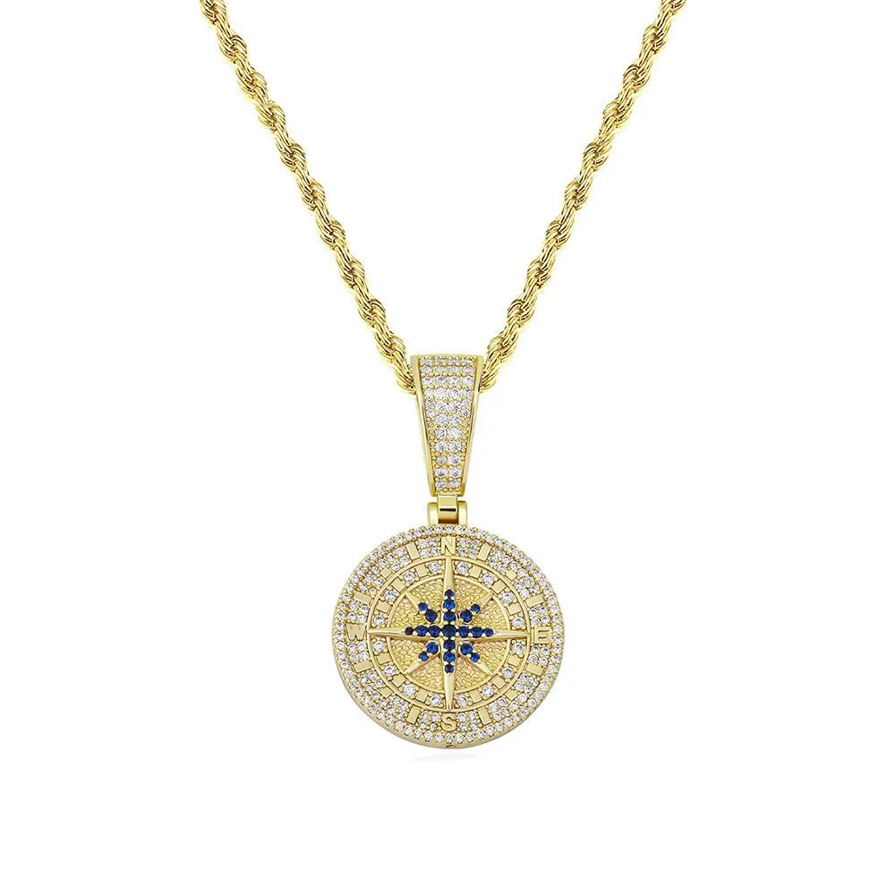 Gold Iced Out Compass Pendant Necklace for Men