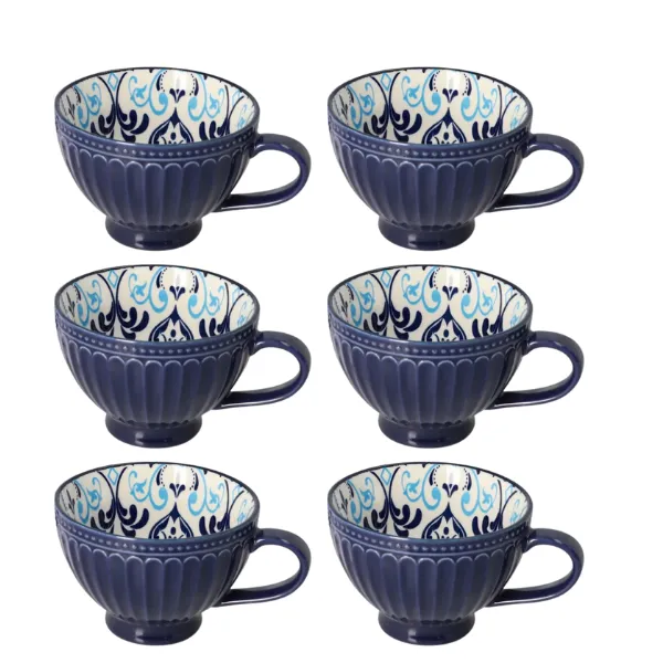 6-Piece Porcelain Breakfast Mug Set - Vintage Floral Design - Blue