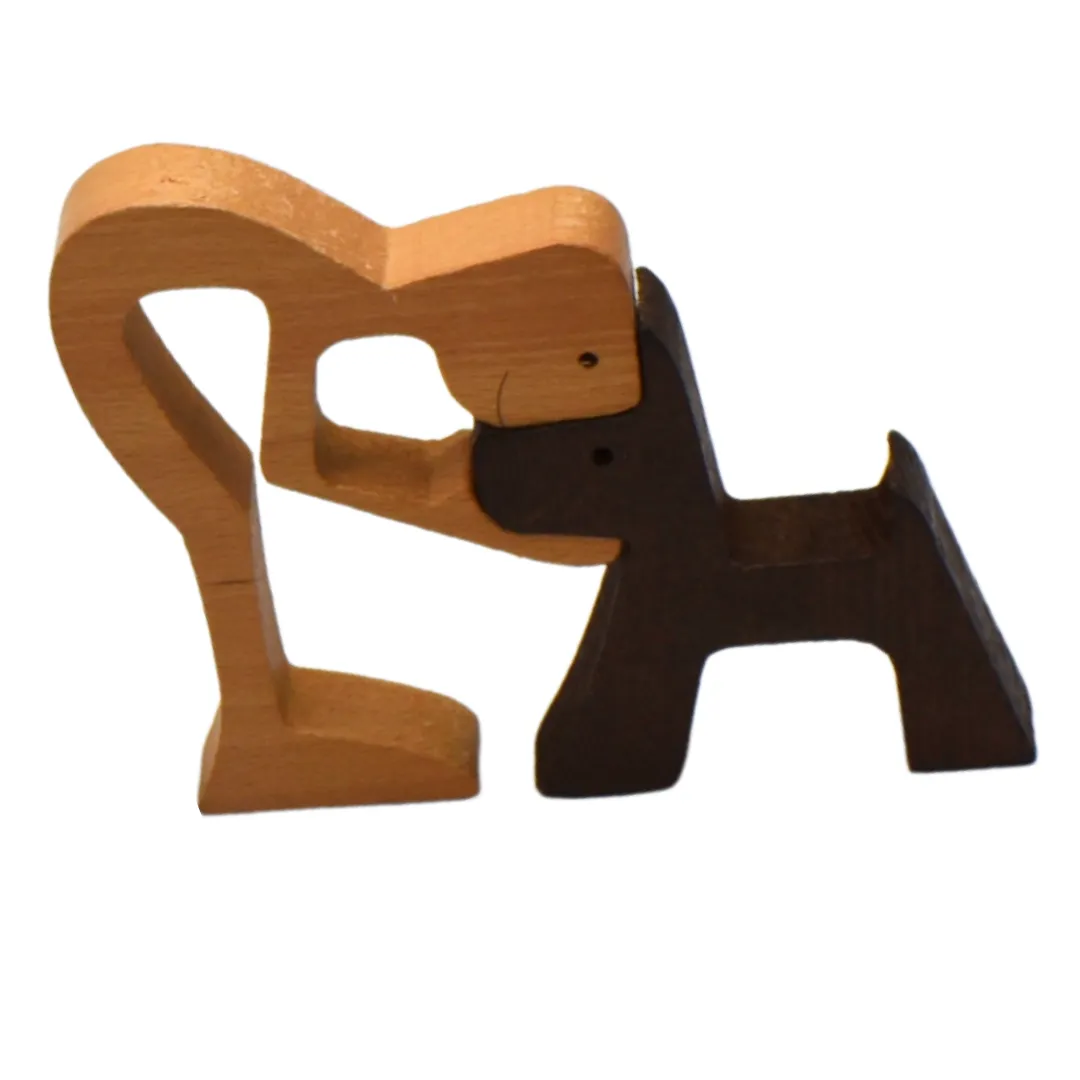Bestby- Wooden Sculpture Human & Dog Hug Figurine Home Décor Ornament