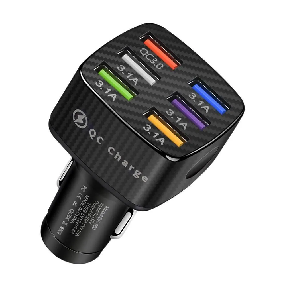 Black 15A 6-Port Glow QC3.0 Car Charger Square