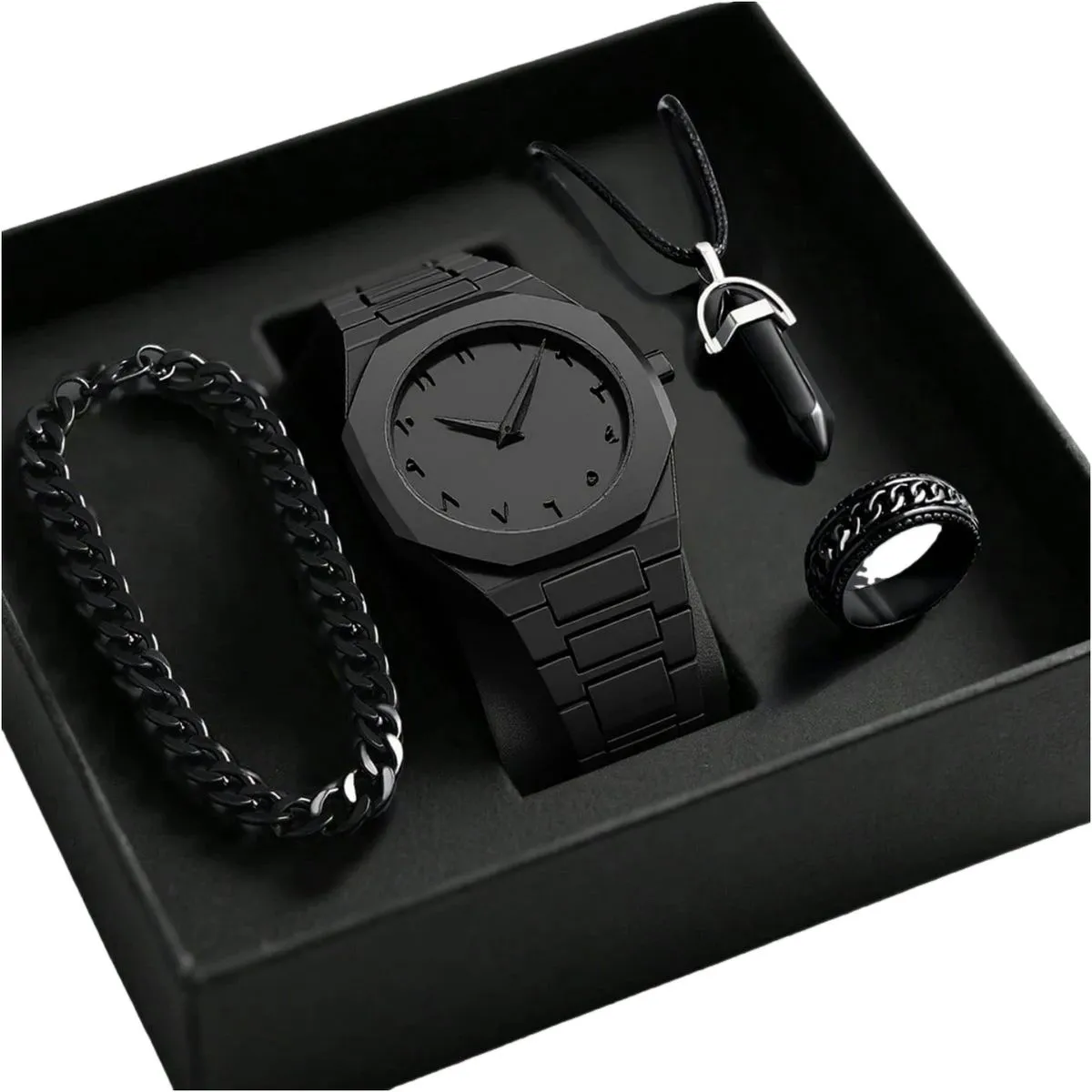 4 PCS Stylish Men's Watch Accessories Necklace Bracelet Rings - black