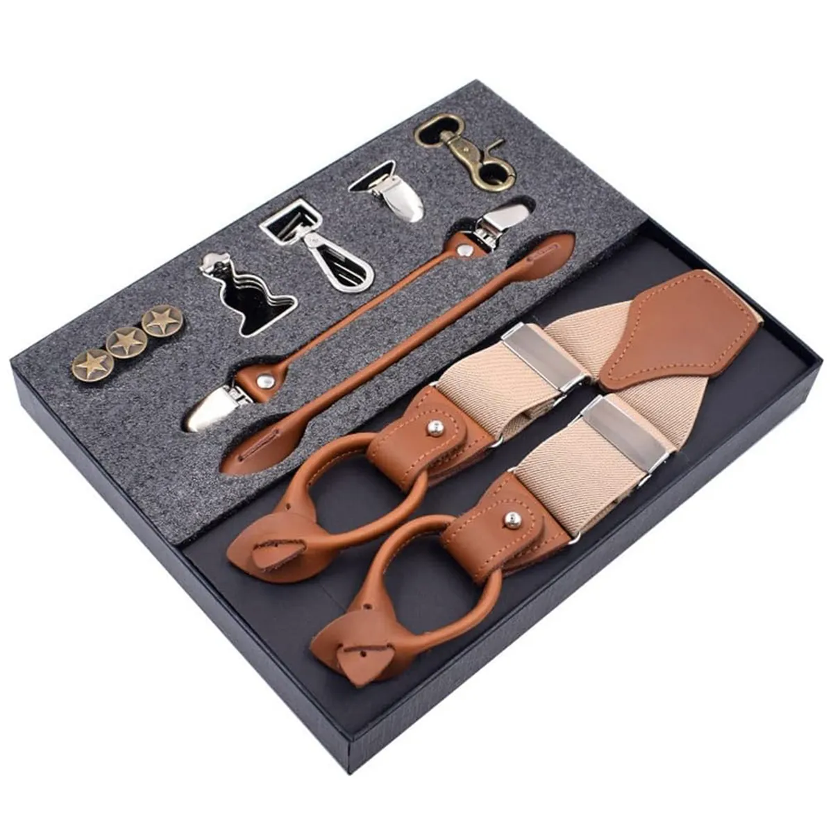 Men's Leather Suspenders Clip Casual Belt Trousers Solid Straight Strap Set - Beige Brown