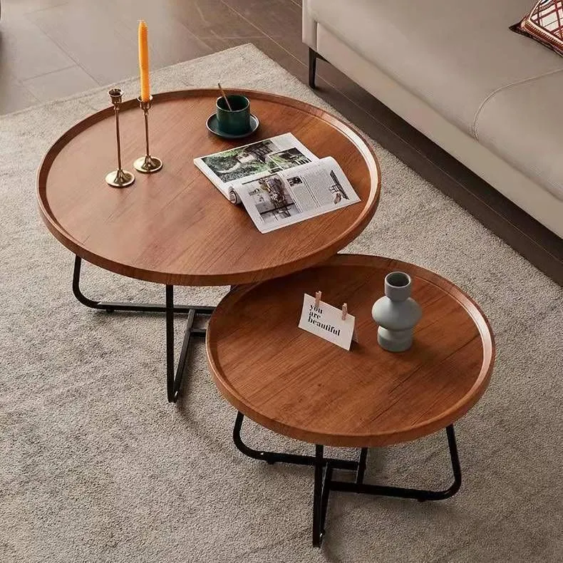 Nesting Coffee Table Set of 2 Round Center Table Walnut End Tables