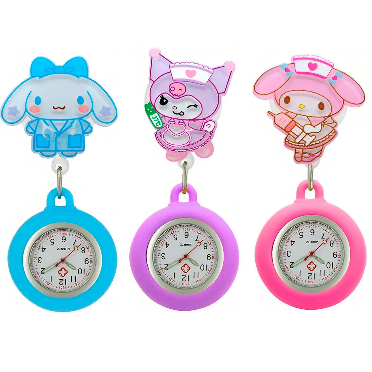 3-Piece Cartoon Kuromi Kitty Nurse Doctor Pocket Watch Clip on Lapel - Pink